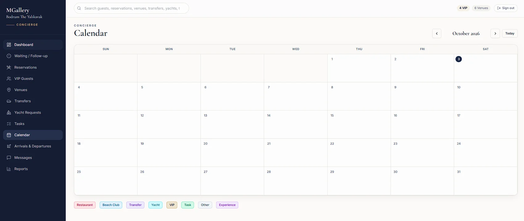 MGallery concierge calendar screenshot